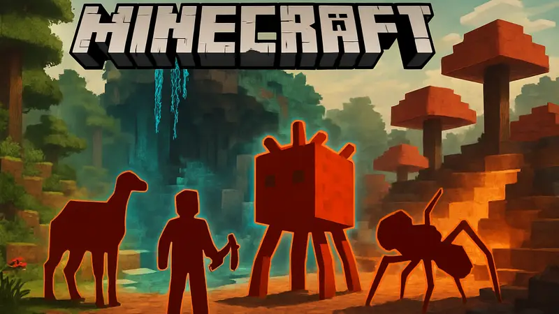 Логотип Minecraft и изображение новых мобов или биомов из обновления Chaos Cubed