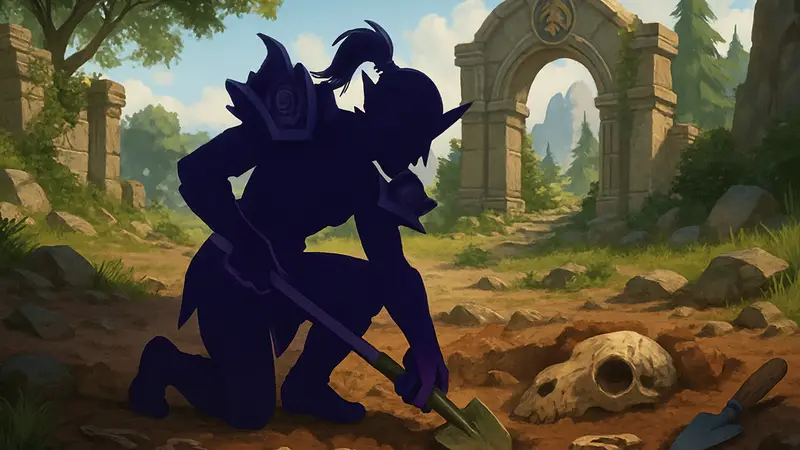 Игровой персонаж World of Warcraft раскапывает археологические находки.