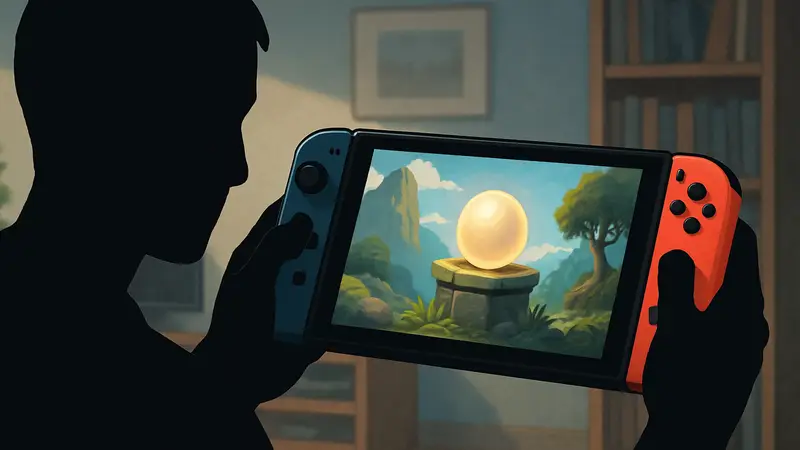 Игрок держит Nintendo Switch, на экране которой изображена "скрытая жемчужина" игры.