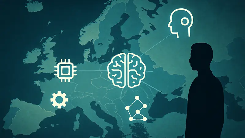Карта Европы с символами искусственного интеллекта, показывающая уникальный подход к ИИ.