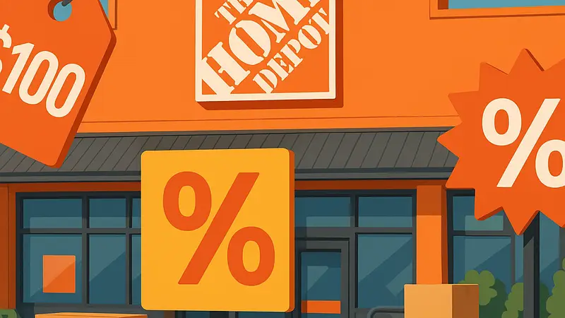 Изображение магазина Home Depot с ценниками и логотипом, символизирующим скидки и промокоды.