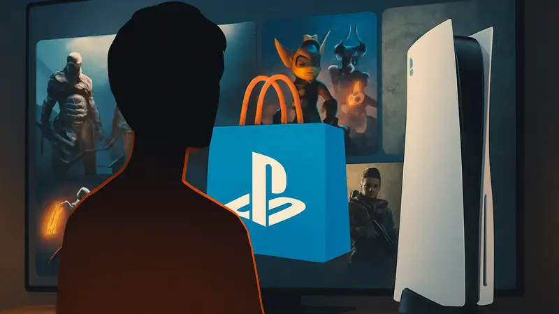 Логотип PlayStation Store на фоне экрана консоли PS5 с играми