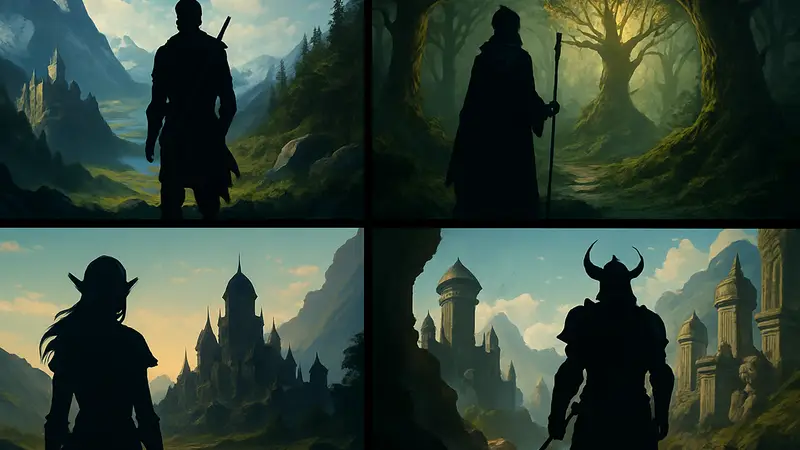 Коллаж из скриншотов разнообразных фэнтези-миров из популярных ролевых игр (RPG)