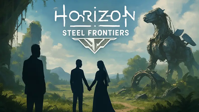 Логотип Horizon Steel Frontiers с элементами MMO-игры, символизирующий шутку главы PlayStation
