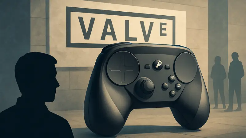 Изображение Steam Controller на фоне логотипа Valve, демонстрирующее готовность к выпуску.
