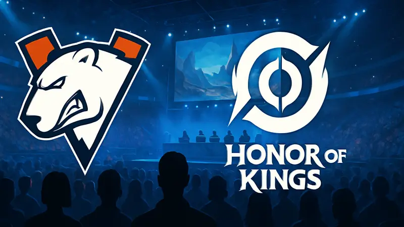 Логотип Virtus.pro и Honor of Kings на фоне киберспортивного турнира