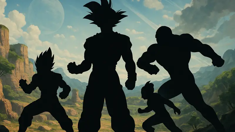 Группа персонажей Dragon Ball Super, включая Сон Гоку, Вегету и Джирена, в динамичной позе.