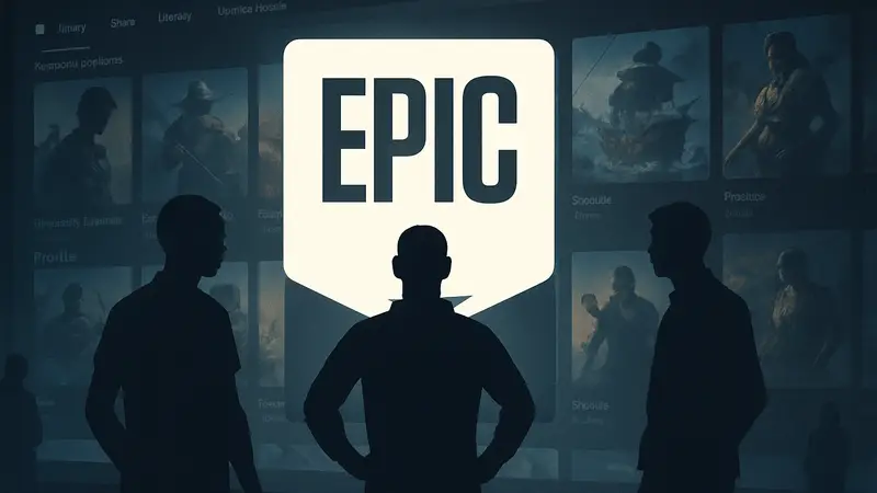 Логотип Epic Games Store на фоне интерфейса лаунчера, символизирующий предстоящие улучшения и изменения.