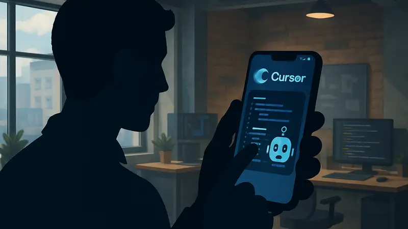 Разработчик управляет мобильным приложением Cursor на смартфоне, показывающем процесс кодирования с ИИ.