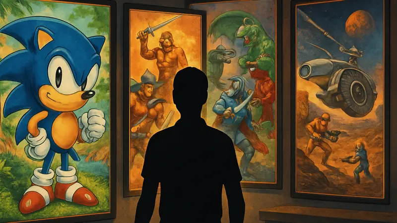 Обложки или скриншоты из различных классических игр Sega Genesis, таких как Sonic the Hedgehog.