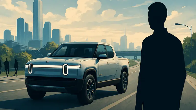 Электромобиль Rivian R1T на дороге, символизирующий будущее мобильности и технологий