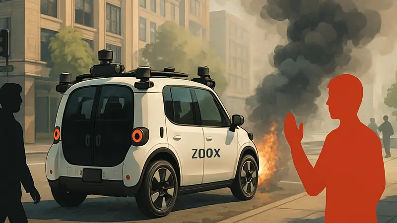 Беспилотное такси Zoox на городской улице, символизирующее отзыв программного обеспечения и вопросы безопасности.