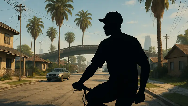 Изображение классической игры PS2 с открытым миром, такой как Grand Theft Auto: San Andreas, демонстрирующей исследование.