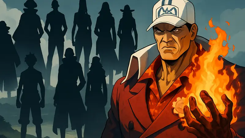 Акаину из One Piece с его огненными способностями на фоне других персонажей аниме. Рейтинг сильнейших.
