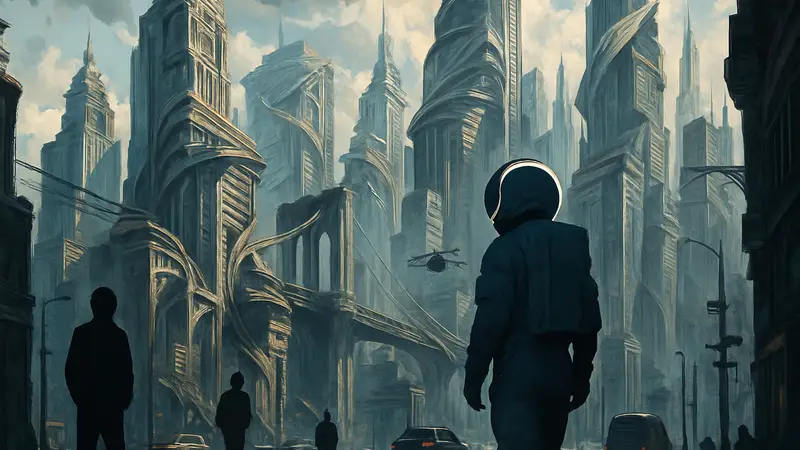 Футуристический, искажённый городской пейзаж Pragmata с элементами, напоминающими Нью-Йорк, но выглядящими как результат работы ИИ.