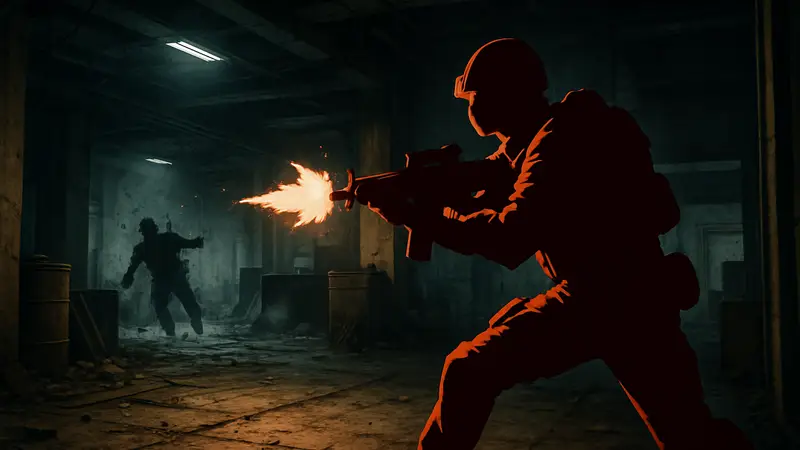 Динамичный скриншот из игры Trepang2 с главным героем в перестрелке