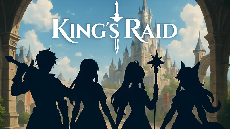 Логотип King's Raid и изображение персонажей из мобильной RPG.