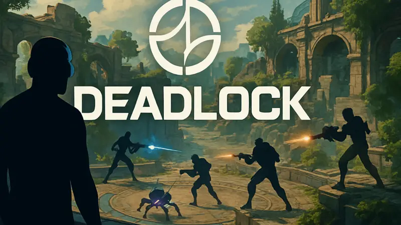 Логотип игры Deadlock от Valve на фоне арены MOBA-шутера