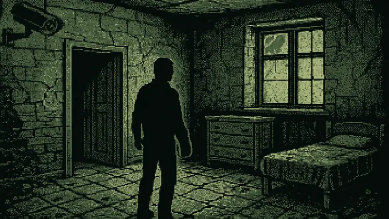 Скриншот игры The Third Shift с пиксельной графикой Game Boy и элементами хоррора