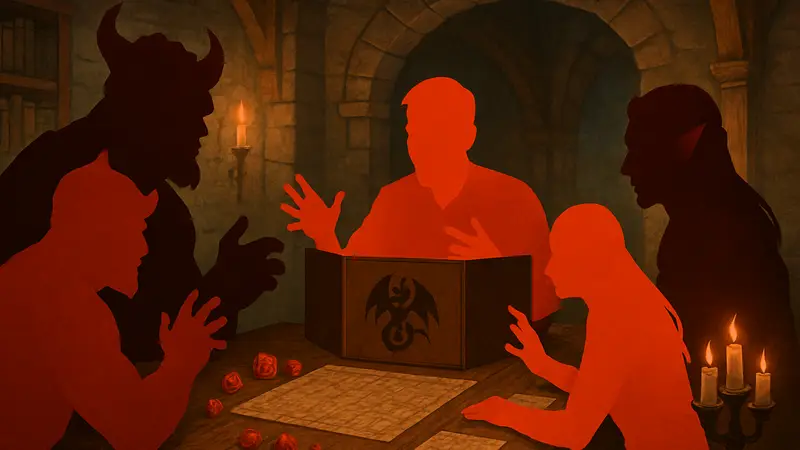 Персонажи D&D обсуждают правила за игровым столом. Опасные домашние правила для Dungeons & Dragons.