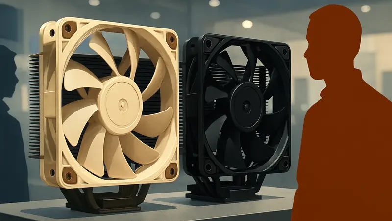 Черные вентиляторы Noctua рядом с бежевыми, демонстрирующие разницу