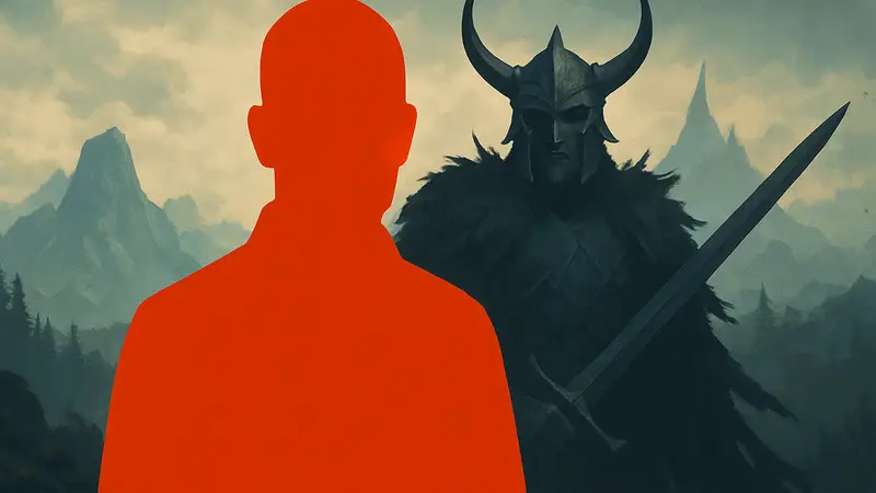 Конрад Томашкевич, CEO Rebel Wolves, на фоне логотипа The Blood of Dawnwalker