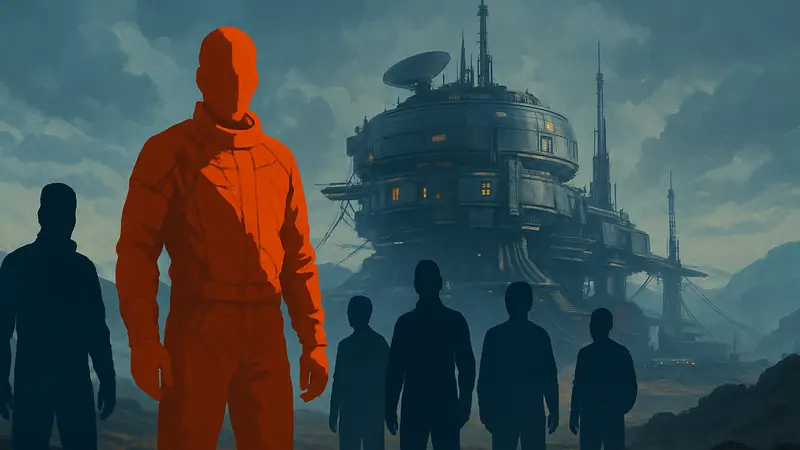 Обложка игры The Alters с ученым Яном и его различными альтерами, стоящими на фоне футуристической базы.