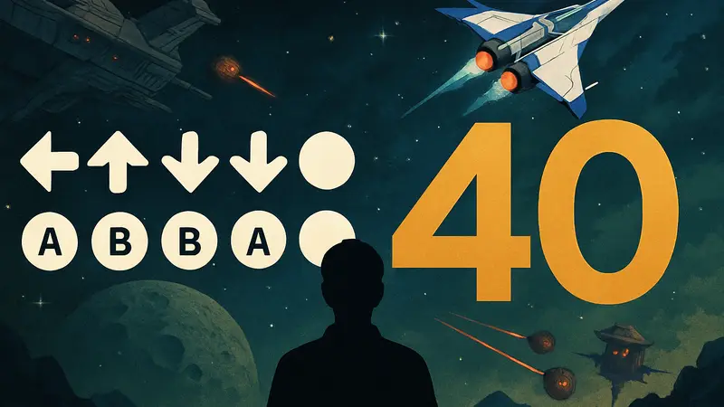 Логотип Konami Code, число 40 и элементы игры Gradius, символизирующие юбилей.