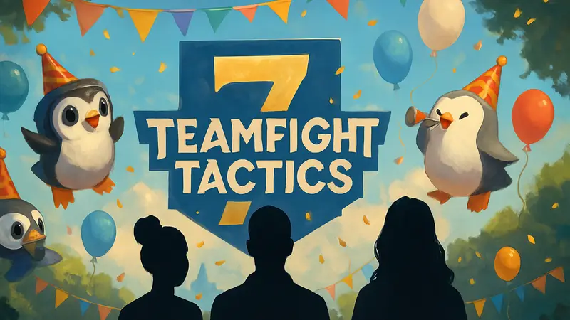 Логотип Teamfight Tactics с числом 7 и праздничными элементами юбилея