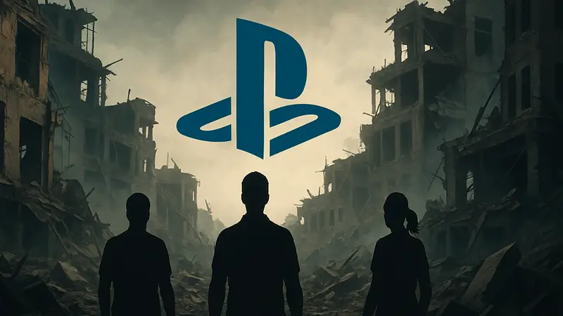 Логотип PlayStation на фоне разрушенных игровых студий или отмененных проектов.