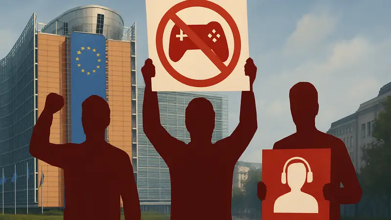 Активисты движения Stop Killing Games на фоне здания Еврокомиссии, борющиеся за права игроков.
