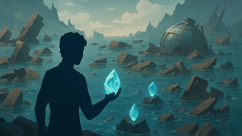 Игровой скриншот из Tides of Tomorrow, показывающий плавающие обломки и осколки для сбора