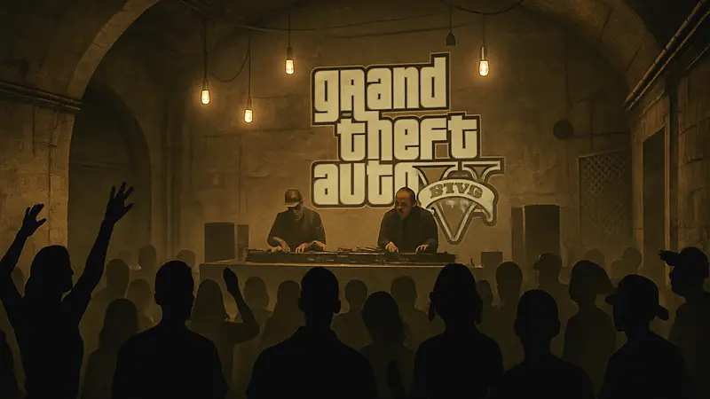 Кадр из GTA Online, изображающий рейв-вечеринку в подземном бункере с диджеями и толпой игроков.