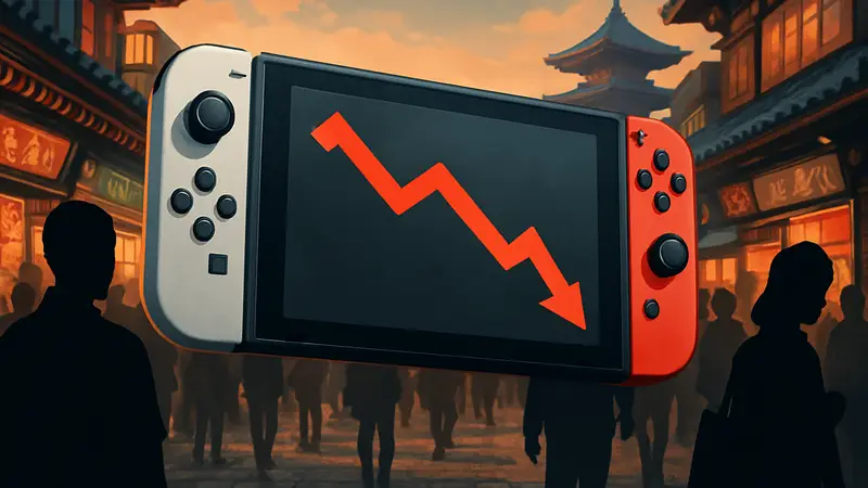 Консоль Nintendo Switch на фоне японского рынка игр, символизирующая падение продаж.