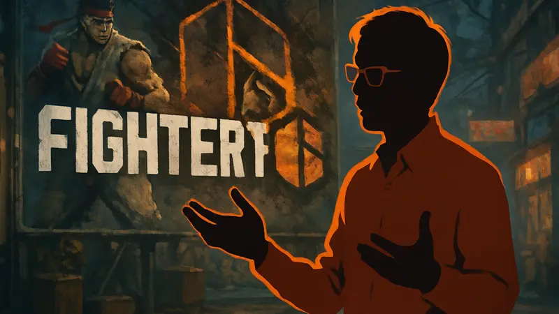 Геймдиректор Street Fighter 6 Такаюки Накаяма на фоне логотипа игры, обсуждающий спасение фильма.