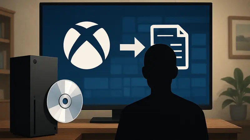 Игровая приставка Xbox Series X с диском и цифровым интерфейсом на экране. Символ Xbox.