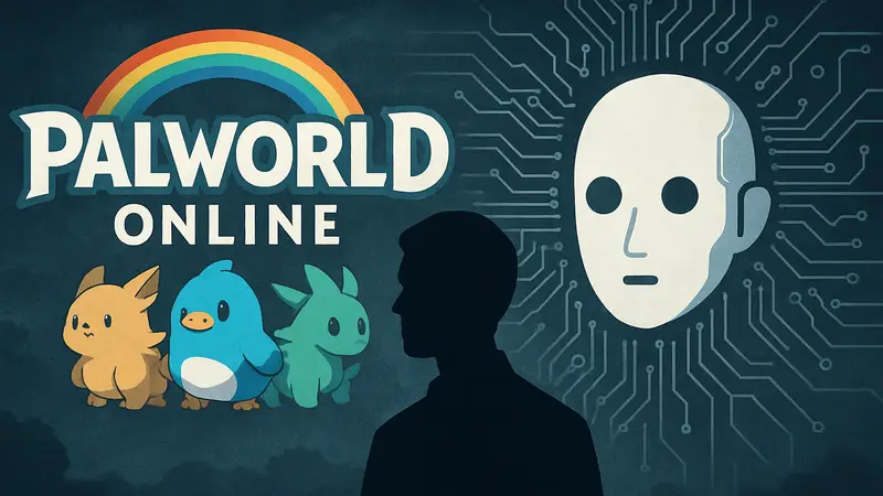 Логотип Palworld Online и схематичное изображение искусственного интеллекта.