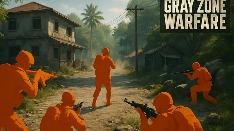 Скриншот из экстракшен-шутера Gray Zone Warfare, показывающий тактический бой. Логотип игры.