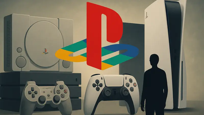 Логотип PlayStation на фоне консолей и игровых контроллеров, символизирующий историю бренда