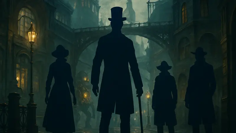 Игровой скриншот Aether & Iron, показывающий персонажей в нуарной стимпанк-атмосфере.