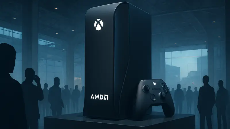 Футуристический концепт консоли Xbox нового поколения с логотипом AMD на корпусе.