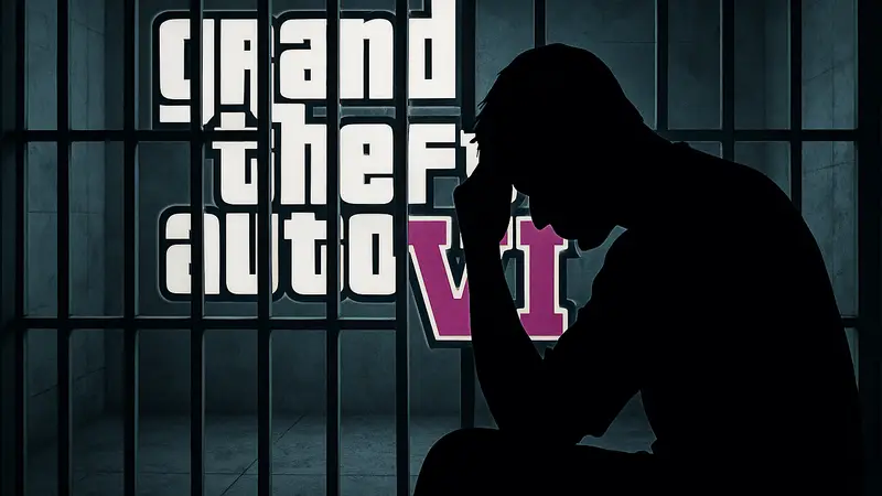 Изображение логотипа Grand Theft Auto VI на фоне тюремной решётки или силуэта преступника