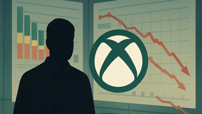 Логотип Xbox на фоне финансовых отчётов Microsoft, демонстрирующих падение доходов от оборудования.