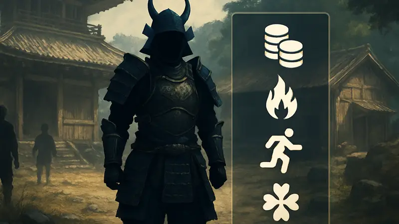 Броня из игры Nioh 3, на которой показаны бонусы комплекта снаряжения.