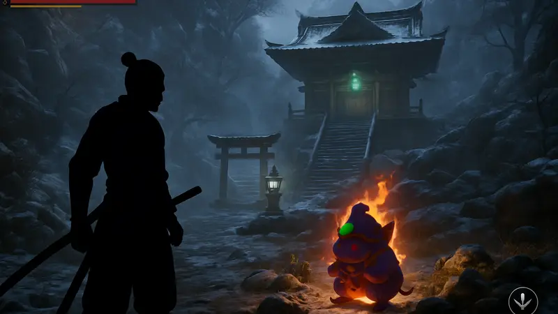 Игровой скриншот Nioh 3, показывающий п ерсонажа рядом с Судама в локации Фунаокаяма и элементы прохождения.