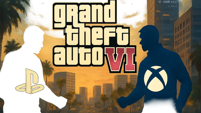 Логотип Grand Theft Auto 6 с логотипами PlayStation 5 и Xbox, символизирующие конкуренцию