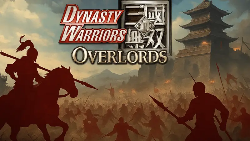 Логотип или геймплей мобильной игры Dynasty Warriors: Overlords с датой релиза на фоне битвы