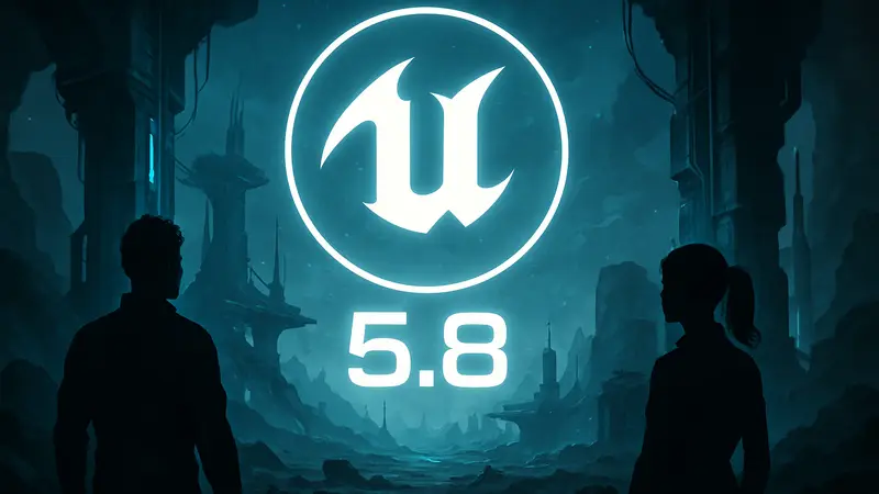 Логотип Unreal Engine 5.8, символизирующий новые технологии для разработчиков игр.