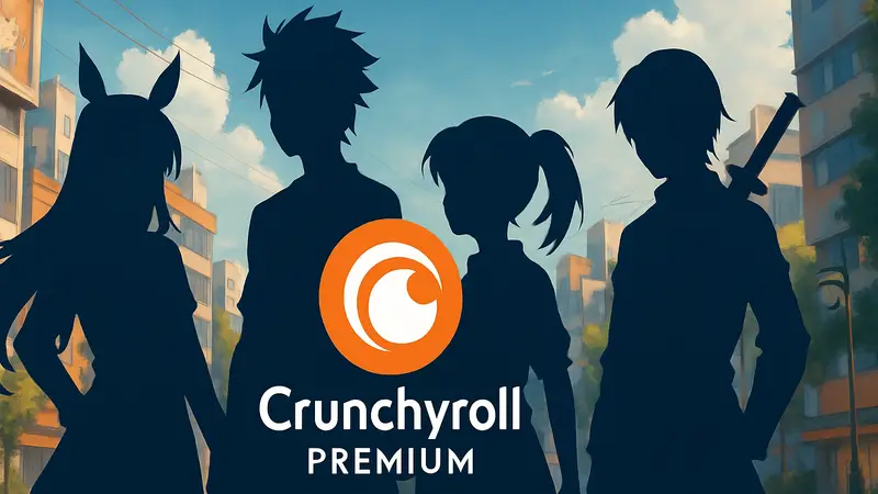 Логотип Crunchyroll Premium с аниме-персонажами, подписка на стриминговый сервис аниме.