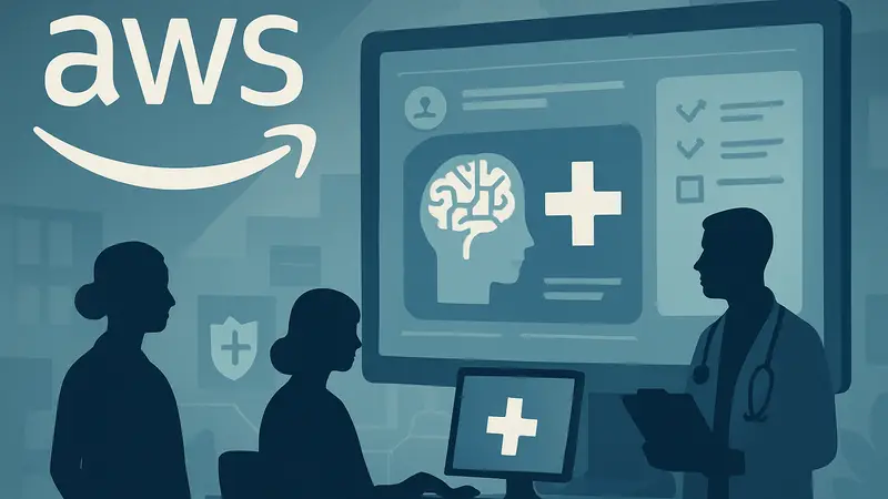 Логотип AWS и схематическое изображение платформы Amazon Connect Health, символизирующее интеграцию ИИ в здравоохранение.